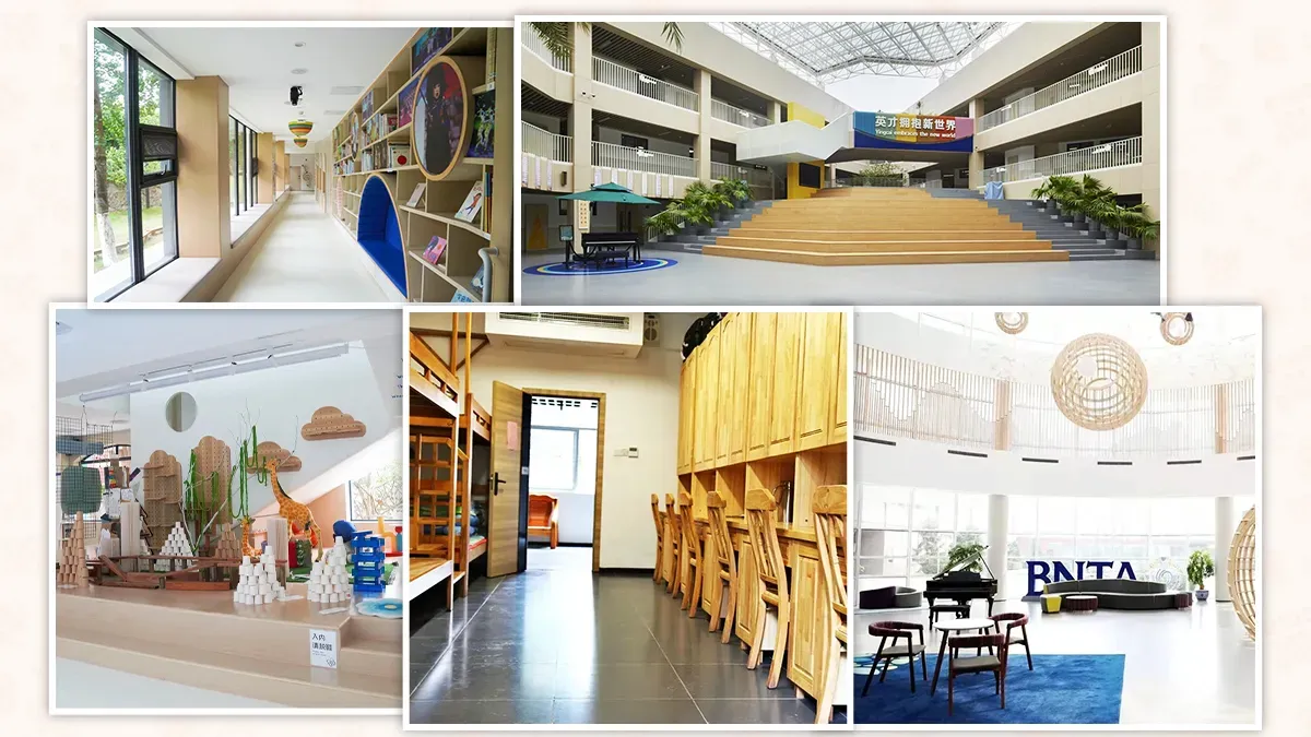 Xiamen Yingcai School campus facilities including library corridors, modern atrium, classrooms, creative learning spaces, and student areas