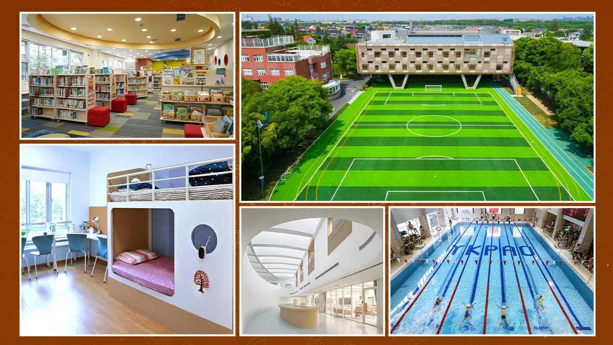 YK Pao School campus facilities in Shanghai featuring the library, football field, indoor gymnasium, modern learning spaces, and swimming pool.