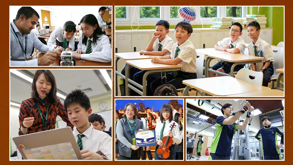 YK Pao School students in Shanghai participating in classroom learning, robotics, music, technology activities, and physical education.