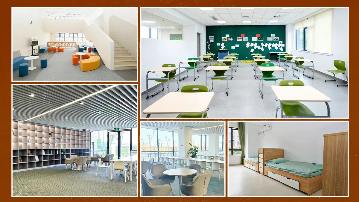 Myddelton College Jinhua (MCJ) campus facilities — student common room with colourful seating, IGCSE classroom with green chairs, library reading area, collaborative study space and boarding dormitory room