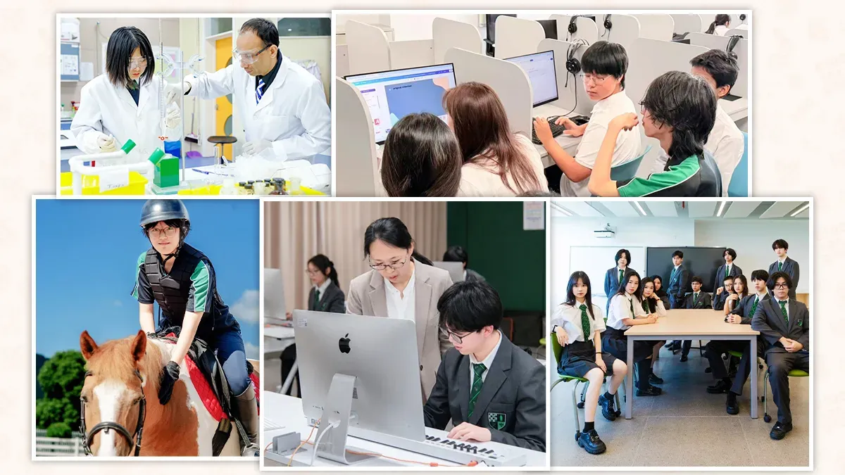 Myddelton College Jinhua (MCJ) classrooms — small group discussion, hands-on electronics, foreign teacher with student, student reviewing work, and male teacher at smart screen on Rongguang Road Jinhua Zhejiang