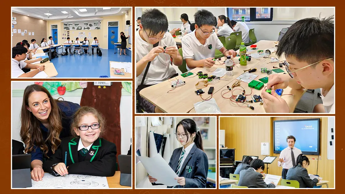 Myddelton College Jinhua (MCJ) facilities — chemistry lab lesson, computer science class, student equestrian activity, keyboard music lesson with teacher, and MCJ students in green blazer uniforms