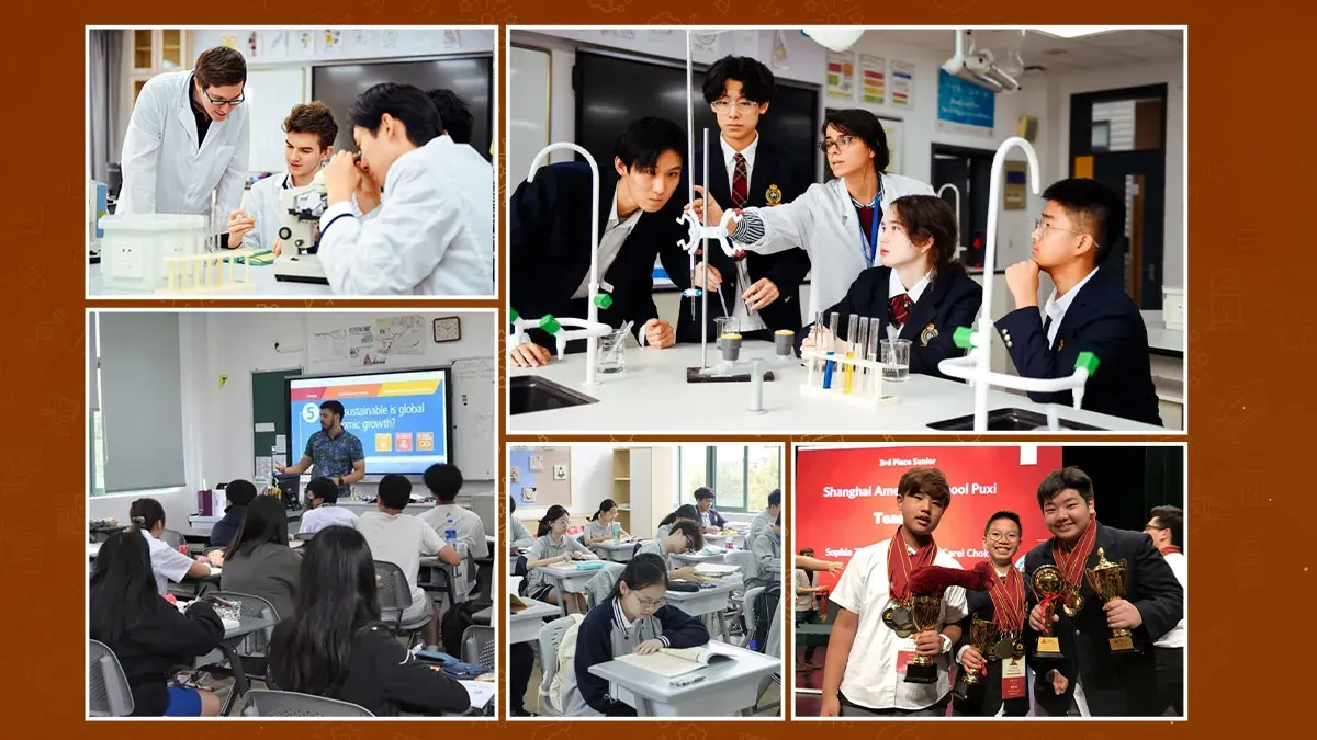 Shanghai Jincai High School International Division (JCID) students in science lab with foreign teacher, IB chemistry experiment, economics classroom and competition trophy winners in Pudong Shanghai