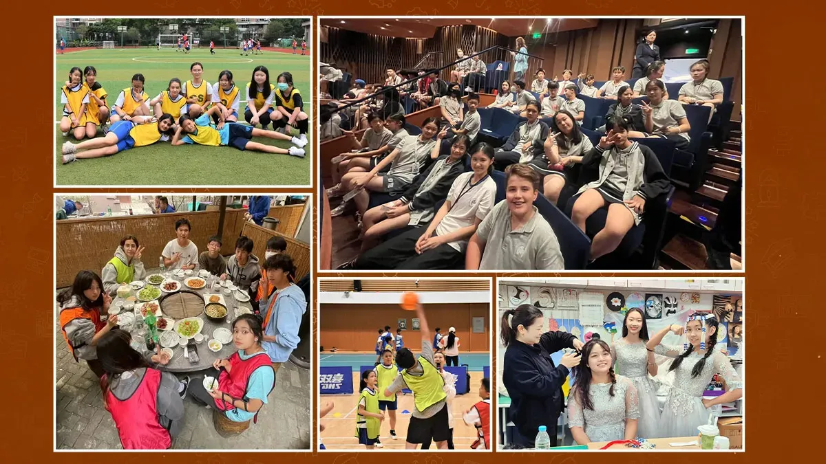 Shanghai Jincai High School International Division (JCID) student life — football team, international students at theatre outing, shared Chinese meal, basketball and performance activities in Pudong Shanghai