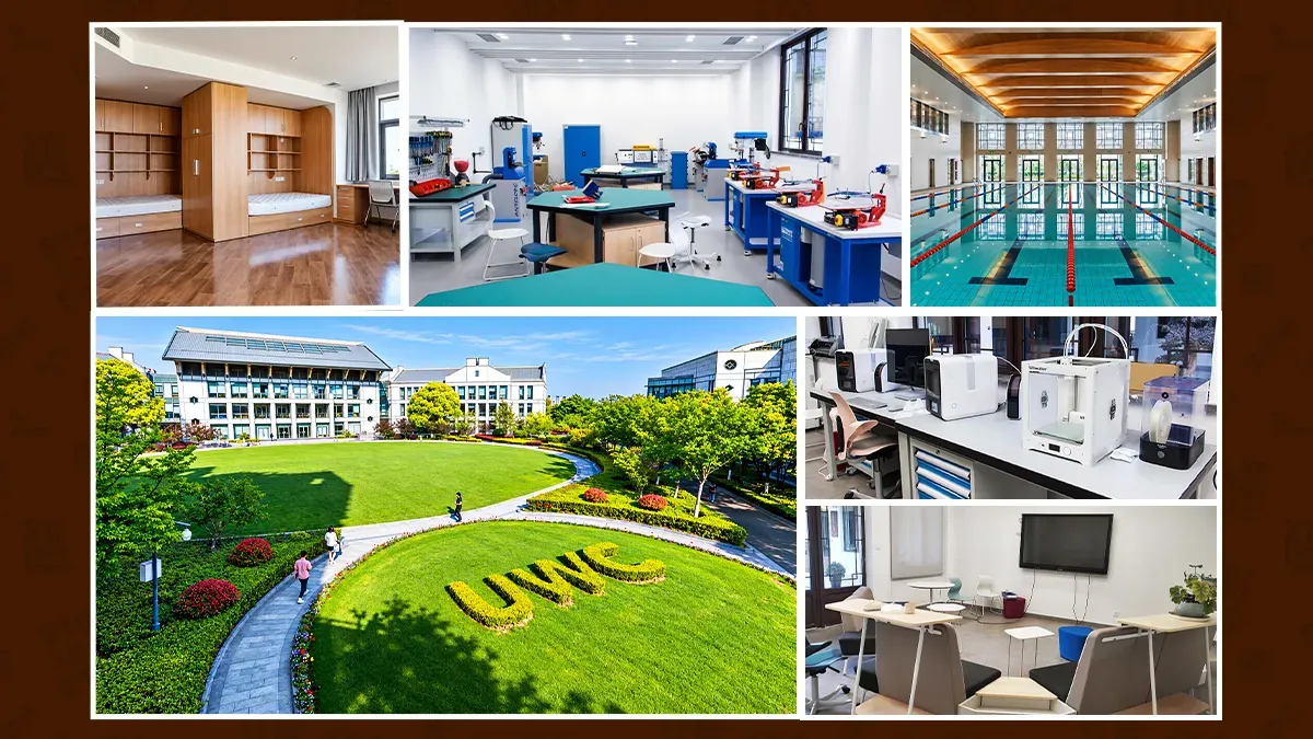 UWC Changshu China boarding school facilities — student dormitory room, STEM engineering lab, indoor swimming pool, 3D printing makerspace, collaborative study space and aerial view of the green UWC campus in Changshu Jiangsu