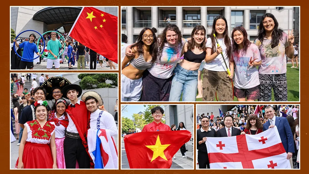 UWC Changshu China (常熟世界联合学院) international cultural festival — students in traditional costumes from Mexico, Vietnam, Georgia and other countries celebrating diversity outside the United World College Changshu China campus