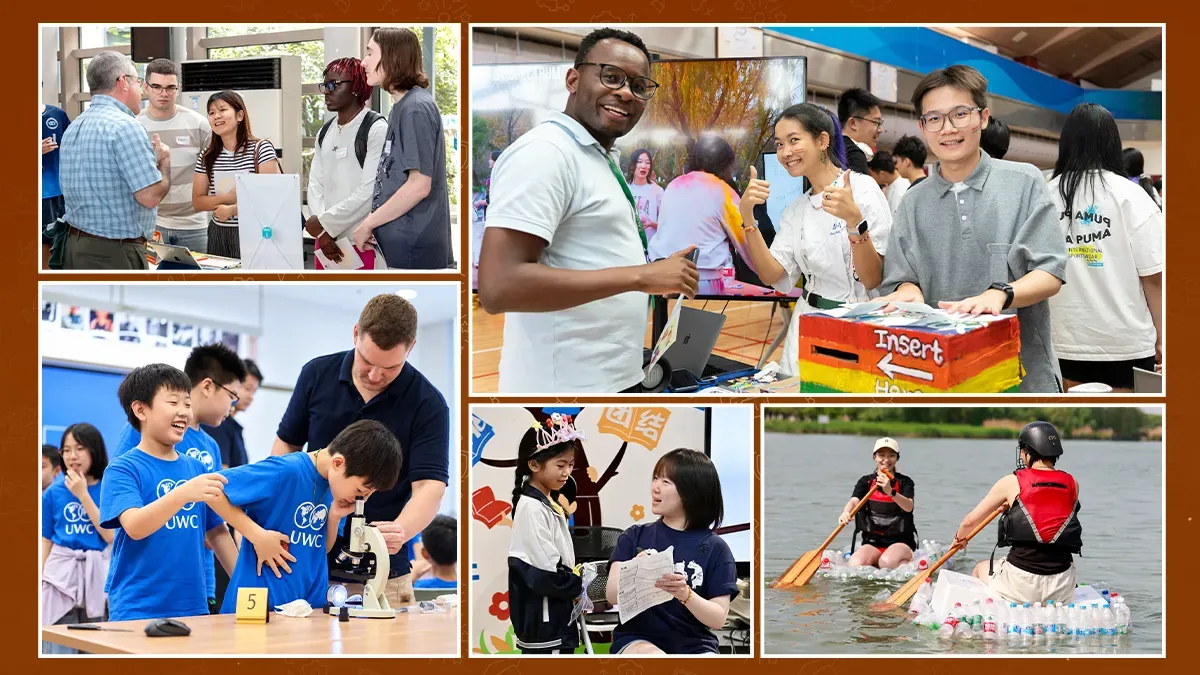 UWC Changshu China (常熟世界联合学院) student activities — university fair, CAS community outreach with young children, student reading programme and outdoor raft-building on the lake at the IB boarding school in Changshu