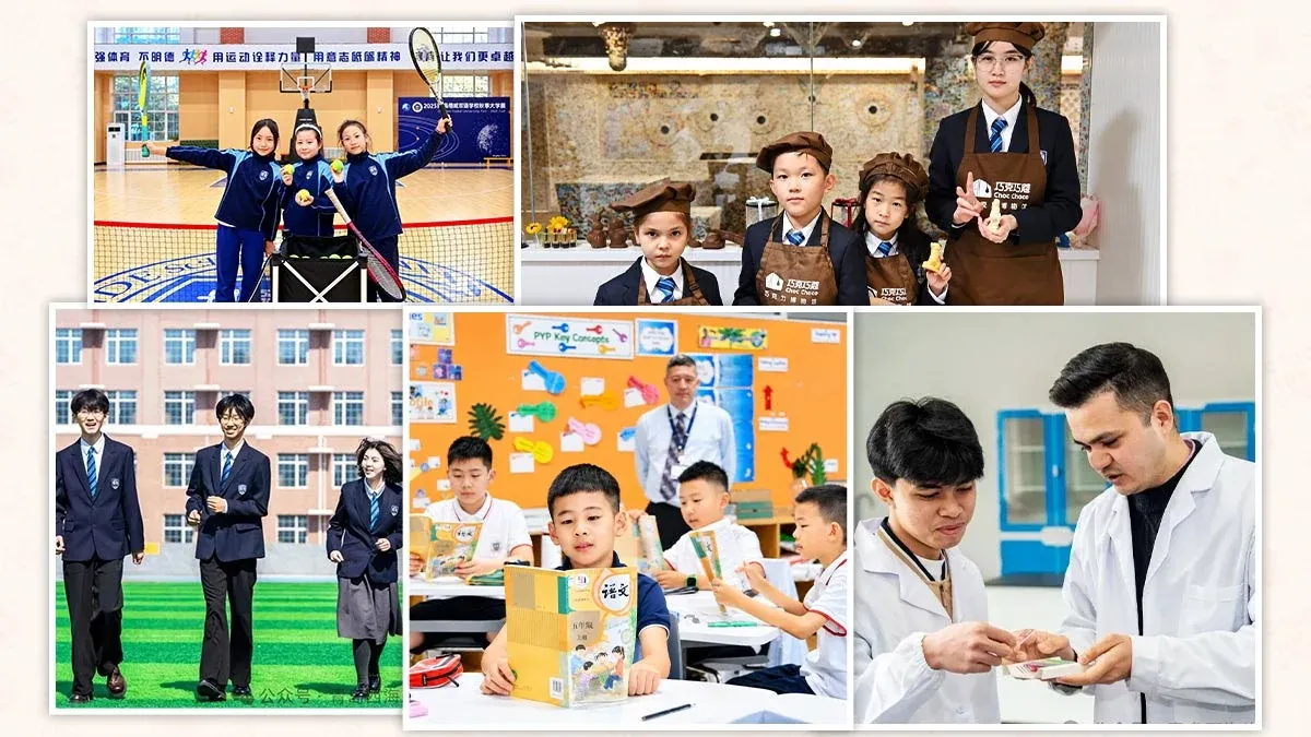 Qingdao MINGDE School (QMDS) students in school uniform playing badminton, studying Chinese language in an IB PYP classroom, and working in a science laboratory with an international teacher, Qingdao