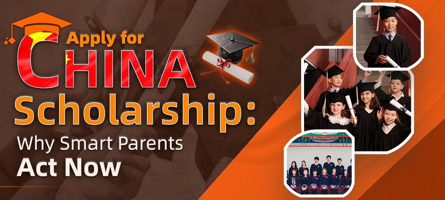 China Scholarship promotion showing graduation cap and successful student graduates.