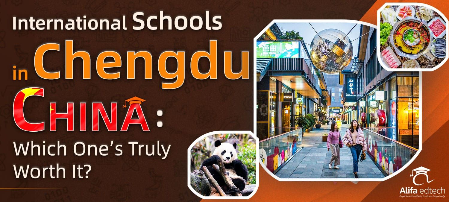 International Schools in Chengdu China banner, featuring a cityscape, hotpot, panda, and people.