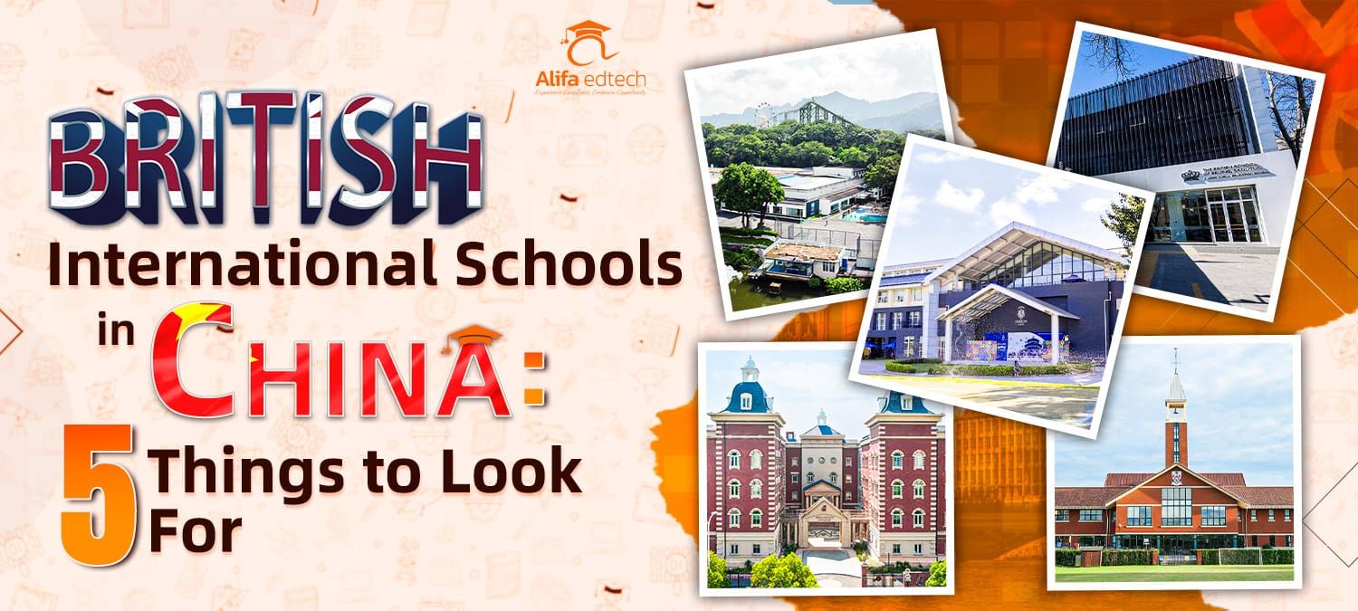 British International Schools in China banner showcasing educational institutions with campus images 