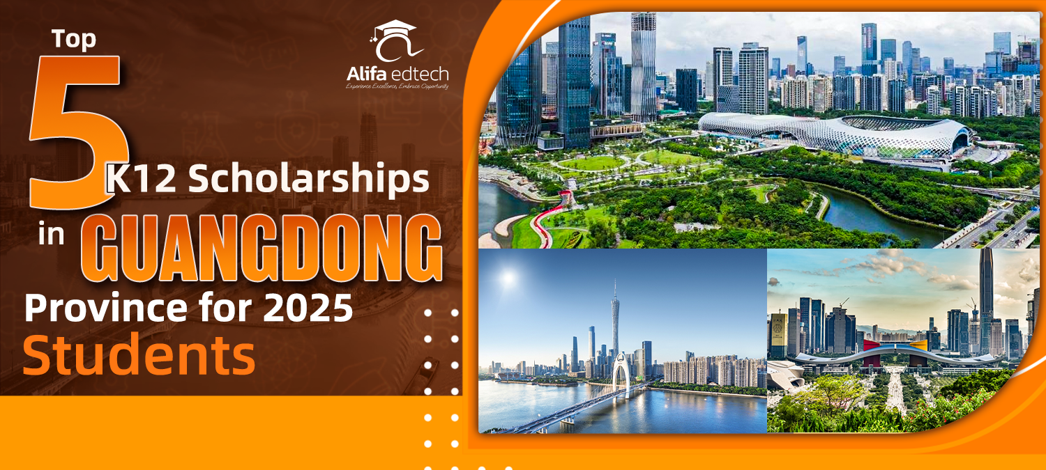 Scholarships in Guangdong Province banner with contemporary Chinese city views.