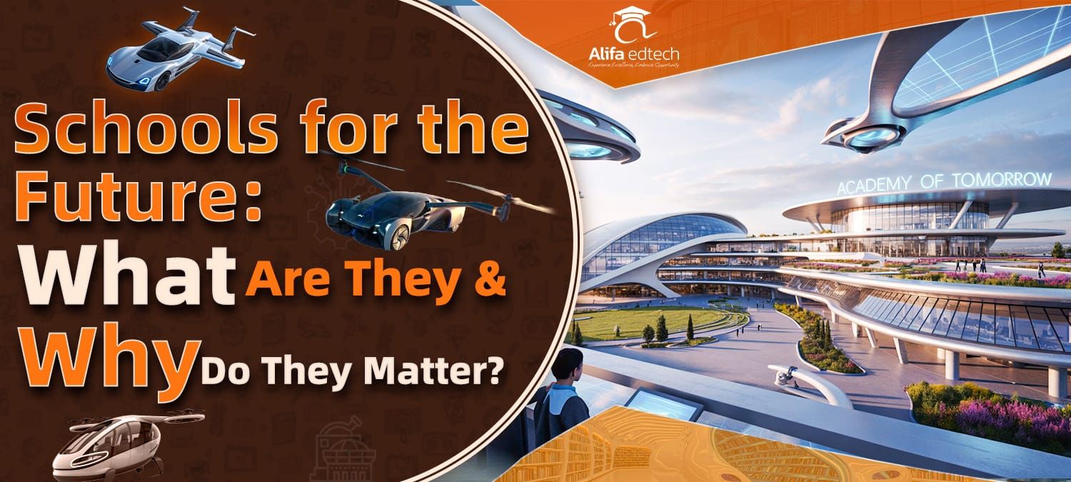 Schools for the future promotional image featuring advanced transportation and architecture