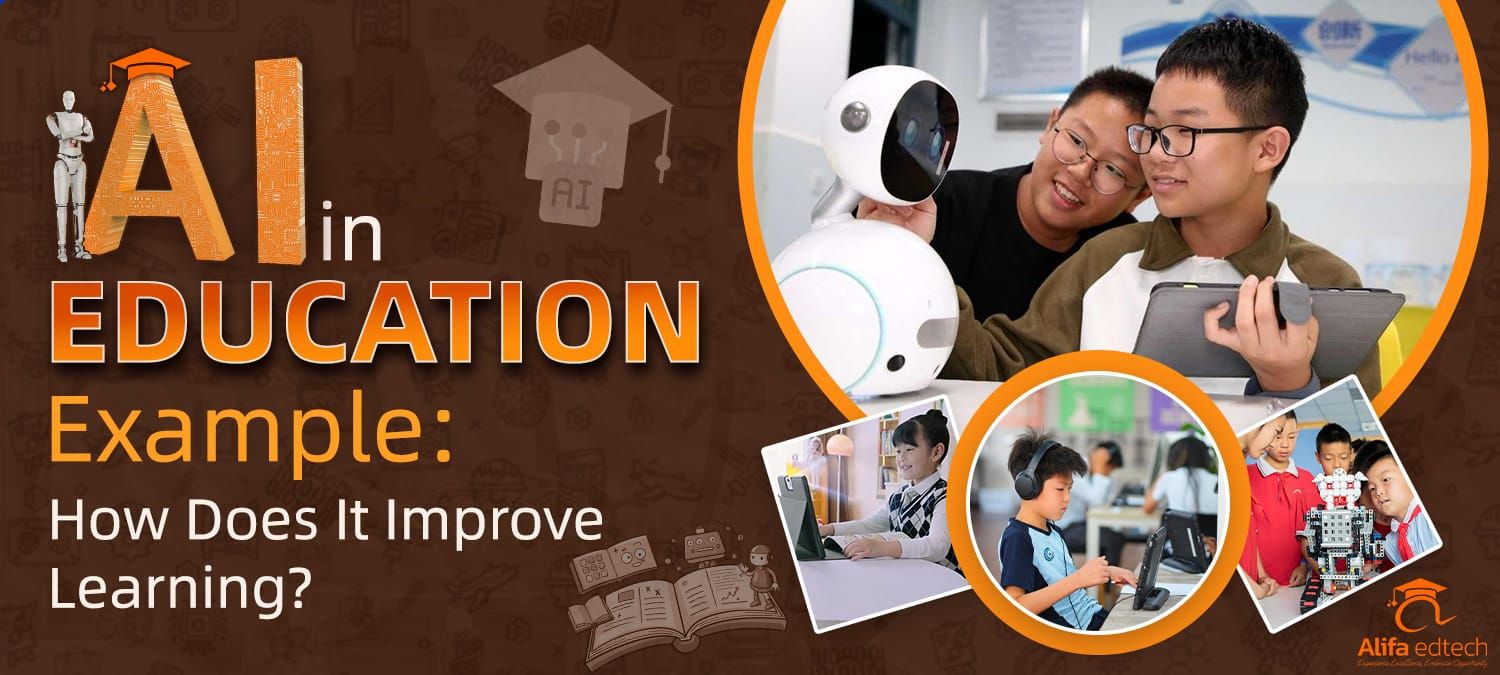 AI in education banner showing students interacting with robots and technology for learning.