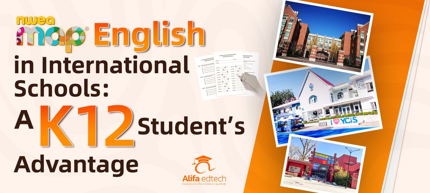 MAP English testing banner with photos of various K12 campuses.