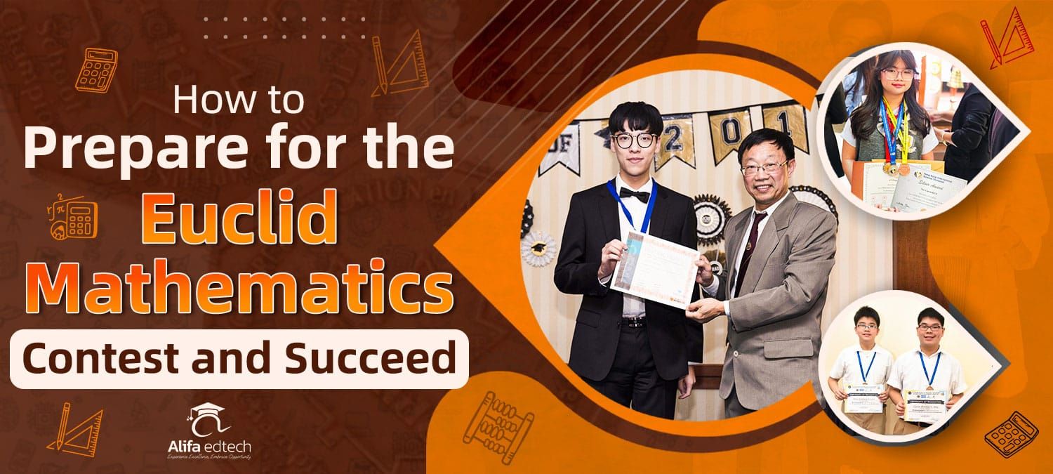 Euclid Mathematics Contest preparation guide showing successful students receiving awards and certificates proudly.