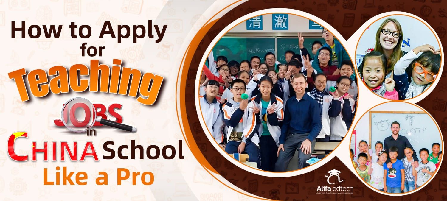Promotional banner showing Western teachers with Chinese students advertising teaching job applications in China.