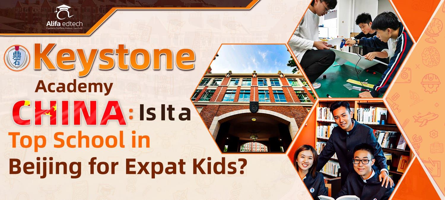 Keystone Academy China promotional banner asking if it's Beijing's top school for expat children.