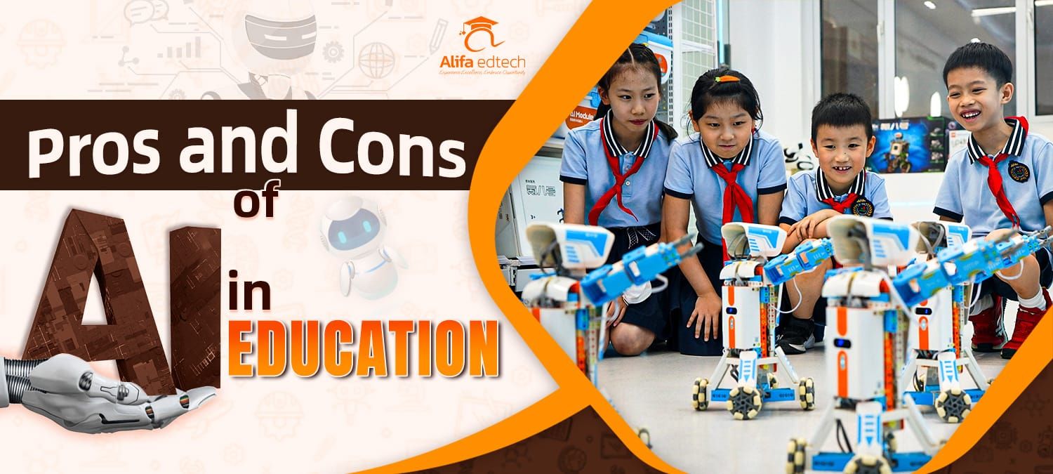 Promotional image exploring AI in education showing uniformed students collaborating on robotic projects.