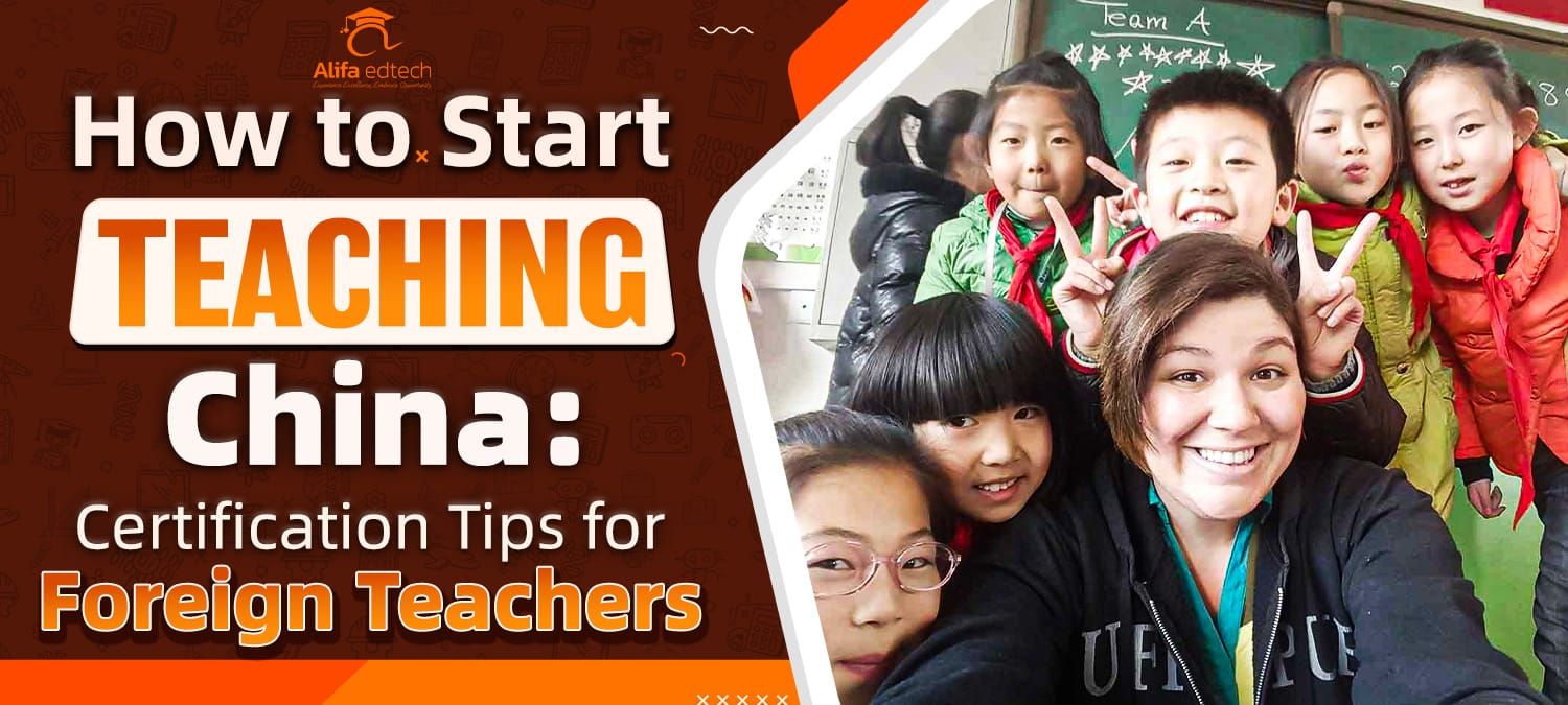 Teaching in China Certification design showing a foreign teacher posing with Chinese students in classroom.