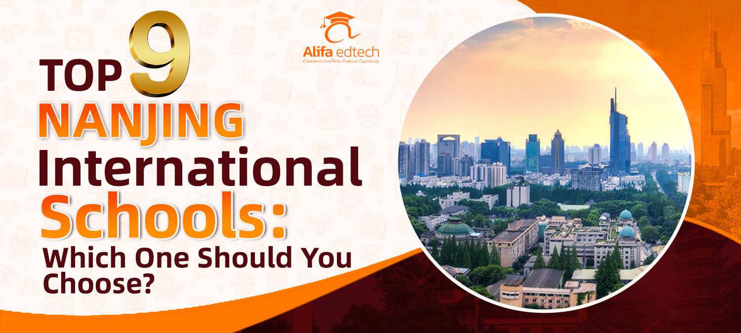 Nanjing International Schools' educational guide displaying a city skyline aerial view.