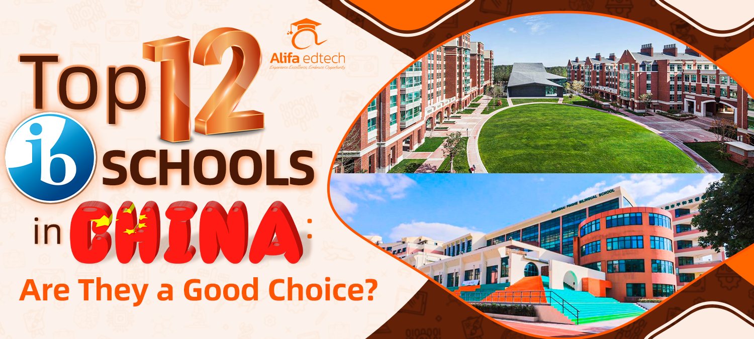 IB Schools in China banner showing twelve premier institutions with modern campus imagery.