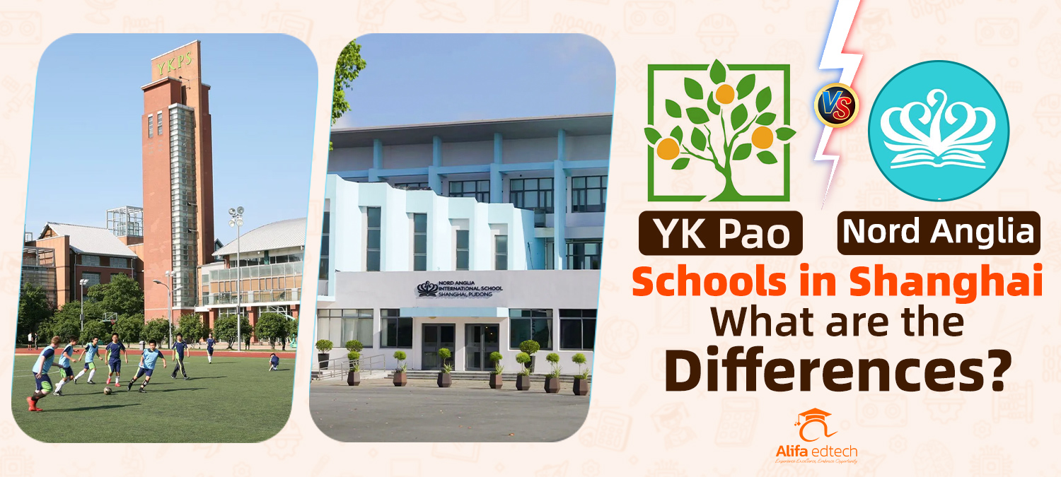 YK Pao and Nord Anglia School educational comparison graphic featuring buildings in Shanghai, China.