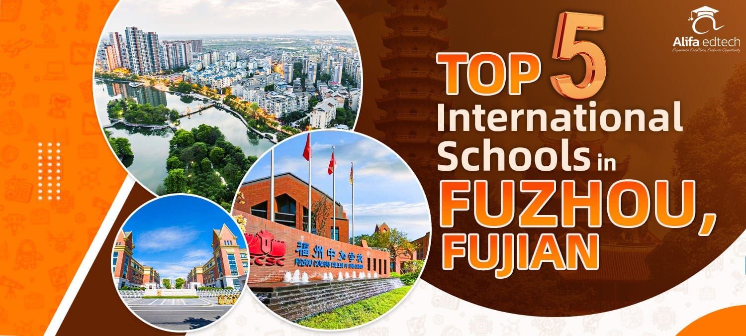 International schools in Fuzhou Banner combining Fuzhou cityscape photos and design.