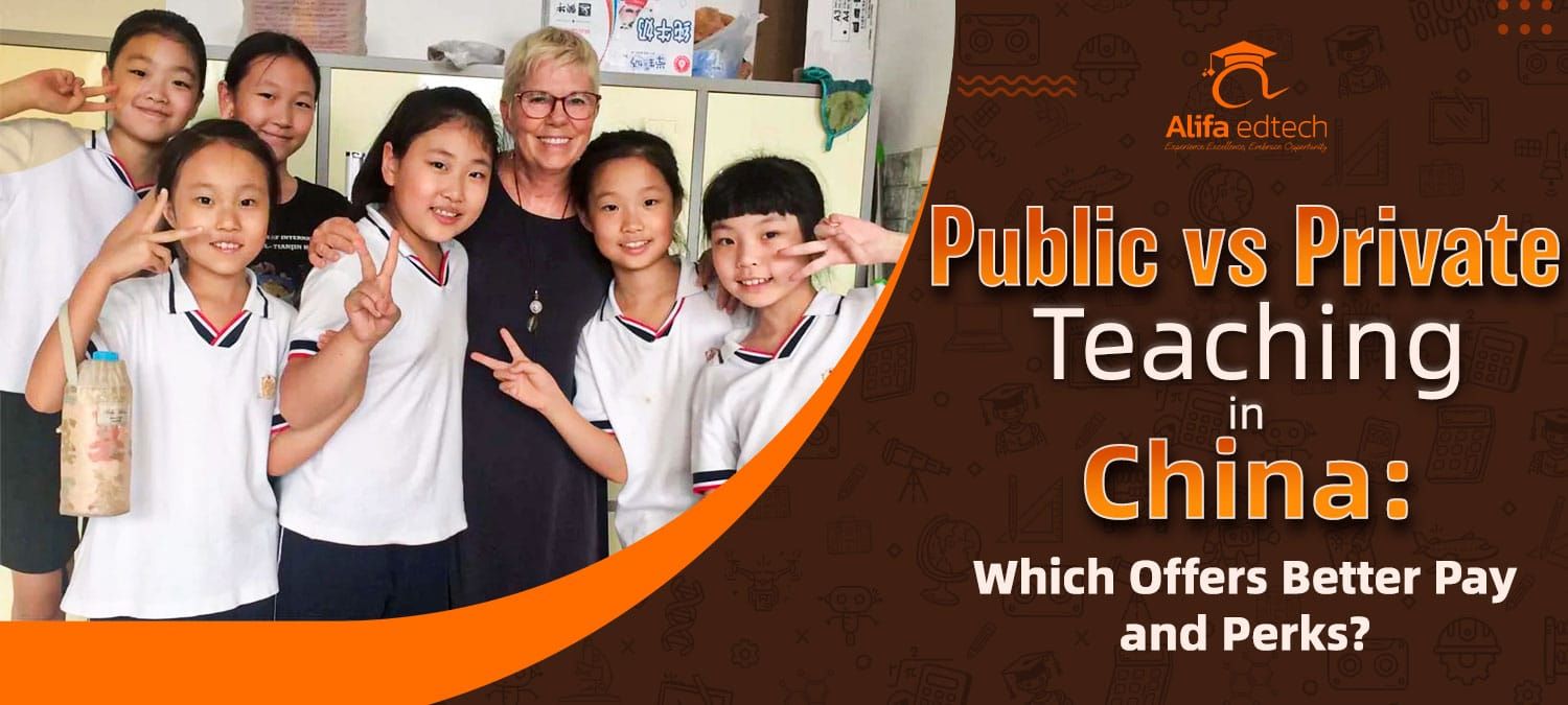 Public vs Private Teaching in China — foreign teacher posing with smiling students in classroom