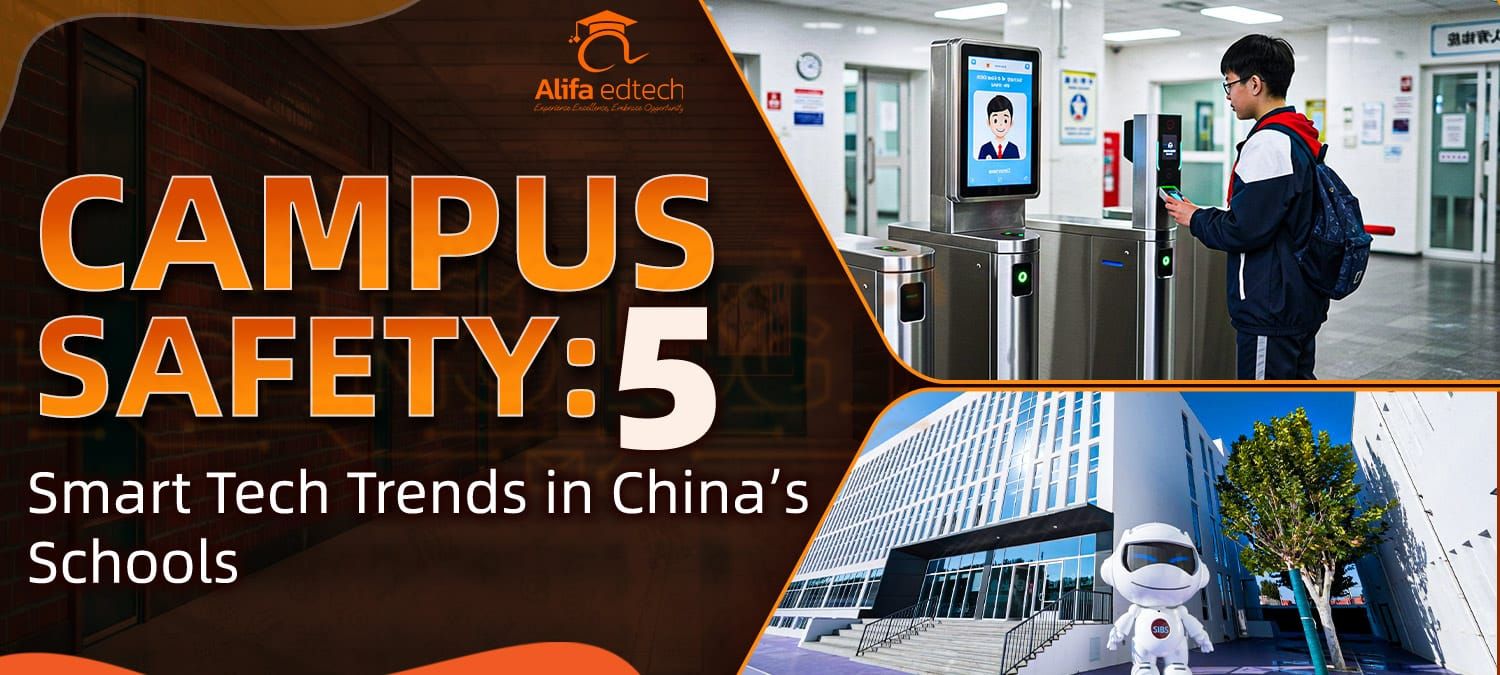 Campus safety technology featuring facial recognition gate and security robot at Chinese school entrance