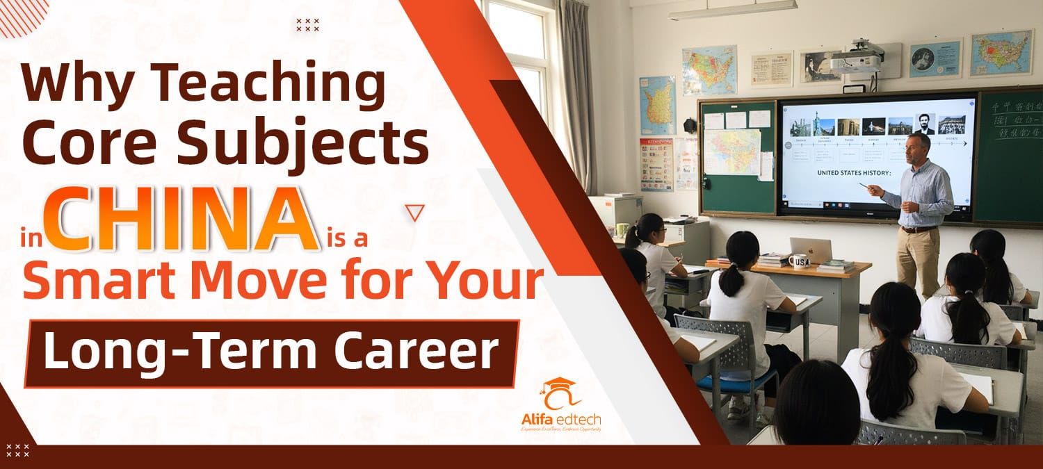 Teachers in China classroom teaching core subjects with interactive digital board and engaged students.