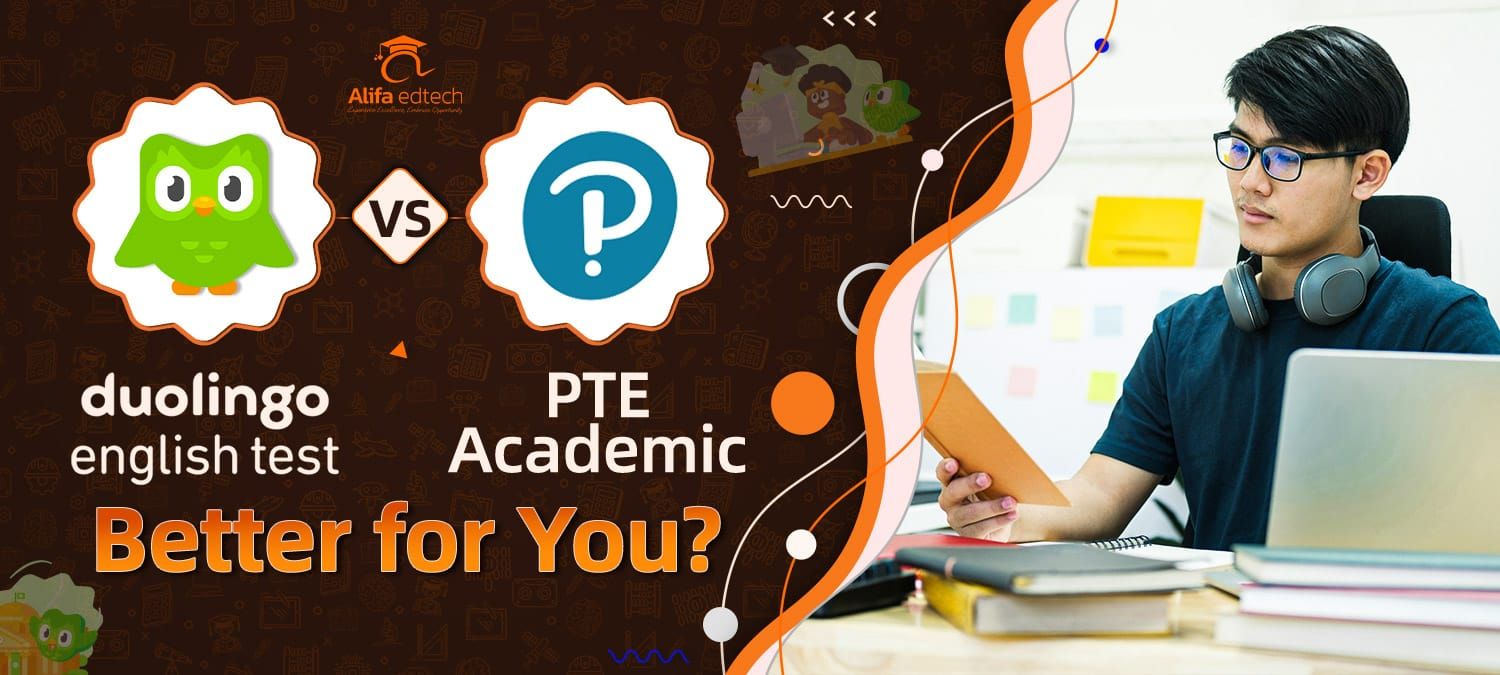 Duolingo English Test vs PTE Academic comparison with student studying with a laptop