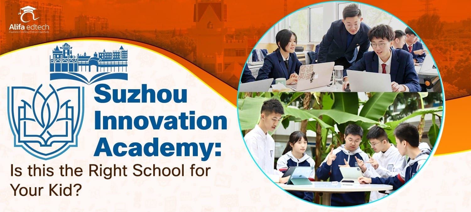Suzhou Innovation Academy students collaborating with laptops in classroom
