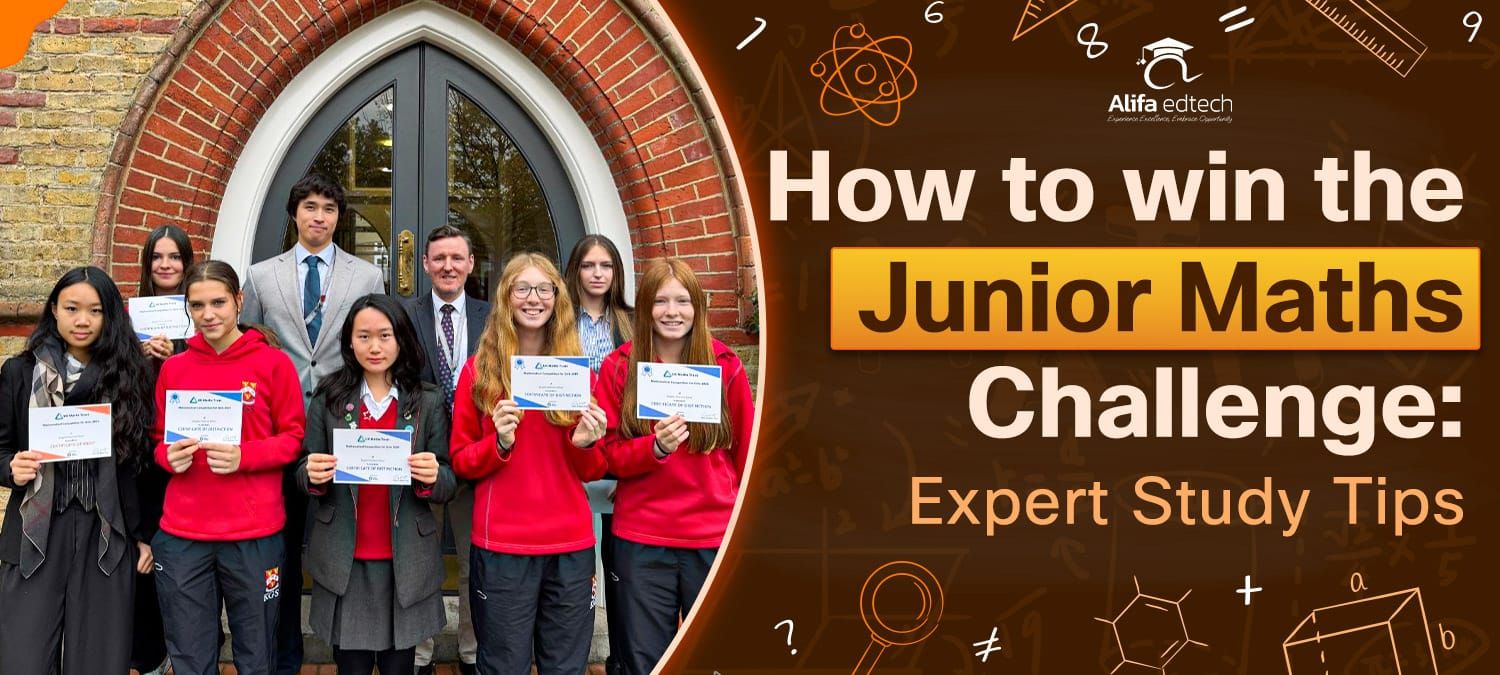 Junior Maths Challenge winners holding certificates with teacher outside school building