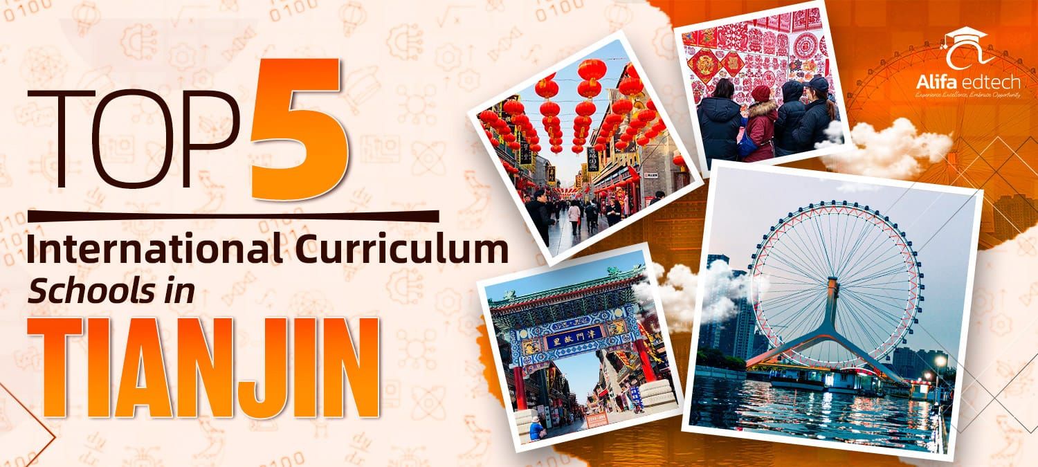 International Curriculum Schools in Tianjin guide featuring cultural landmarks and a Ferris wheel