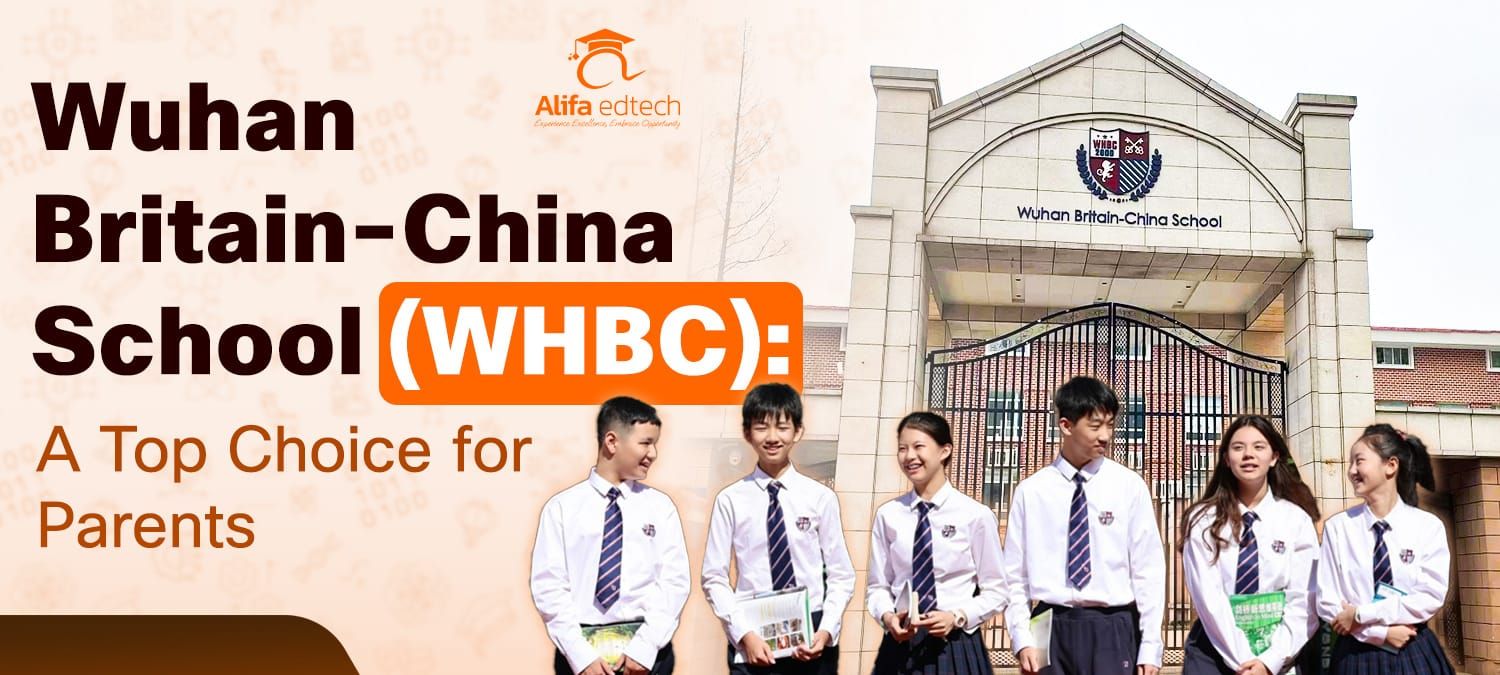 Wuhan Britain-China School campus with students in uniform outside main building entrance