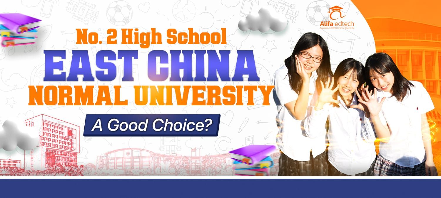 No. 2 High School of East China Normal University (HSEFZ) students smiling on campus backdrop