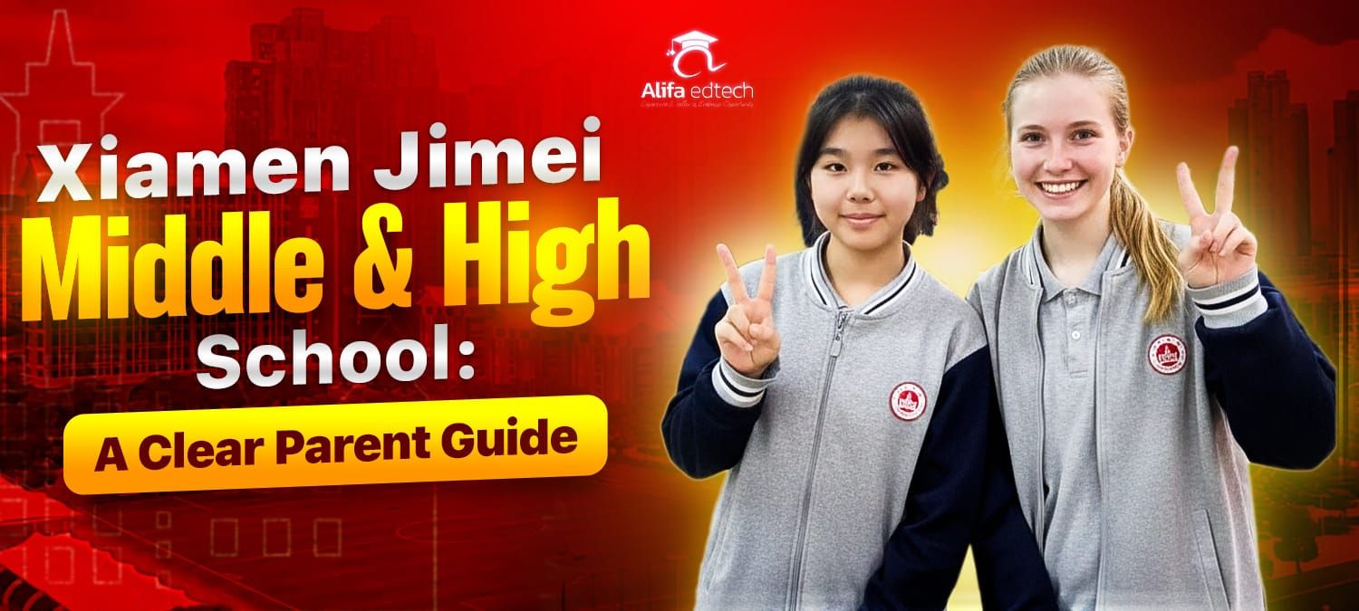 Xiamen Jimei Middle & High School students showcasing international education with Alfa Edtech