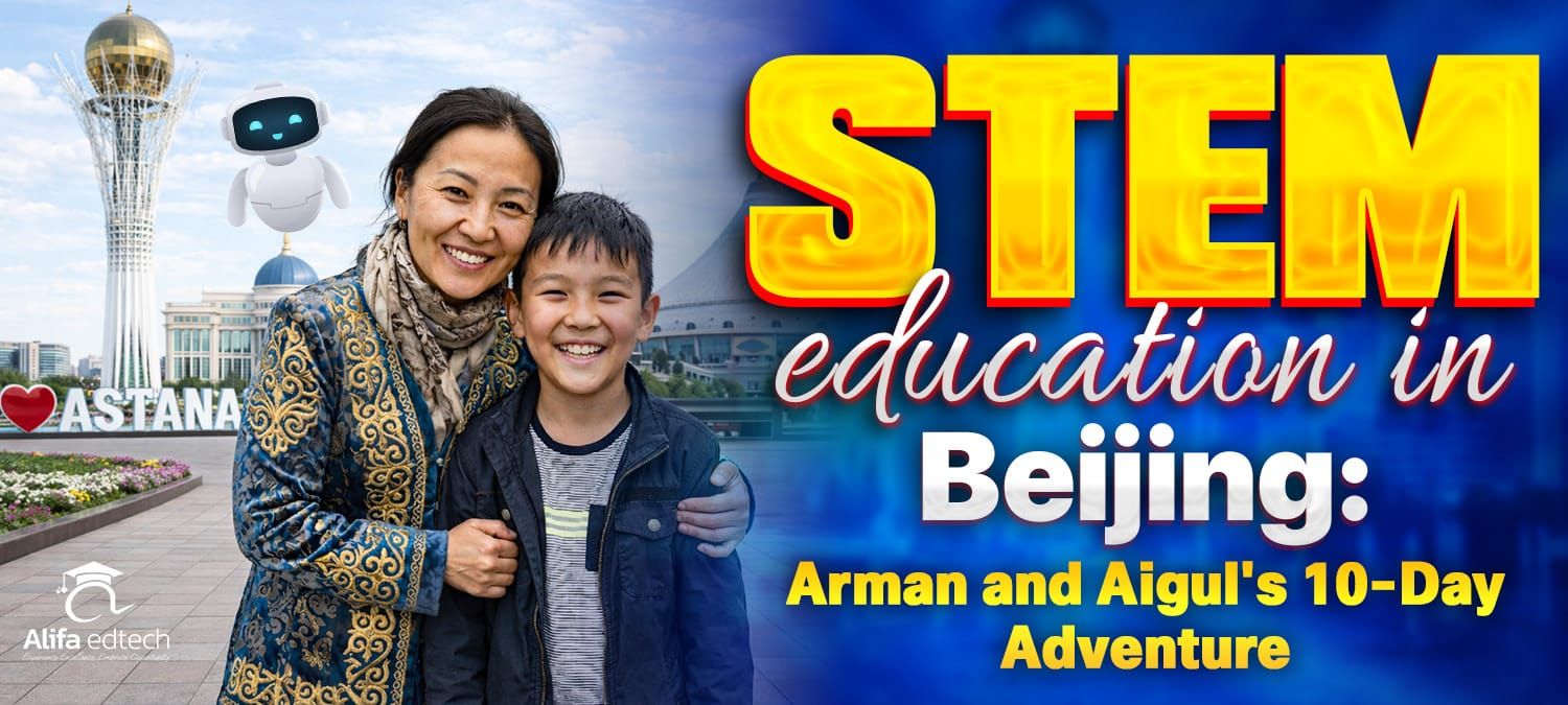STEM Education in Beijing: Kazakh mother and son smiling at Astana landmark