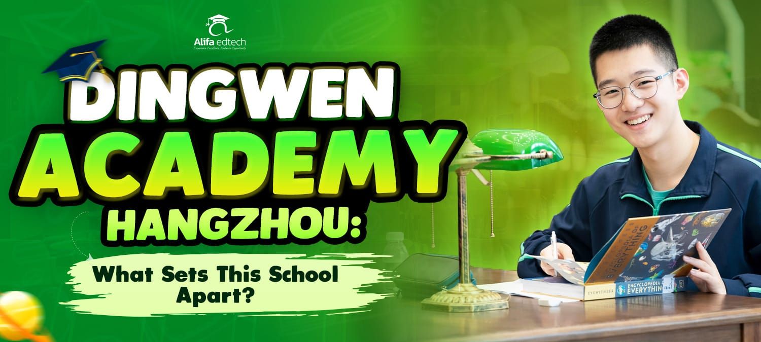 Dingwen Academy Hangzhou blog banner with smiling student reading at a desk
