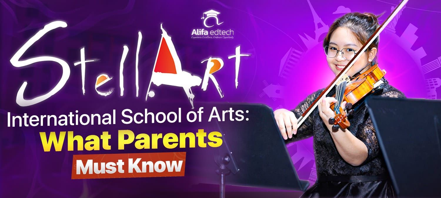 StellArt International School of Arts student playing violin on purple background