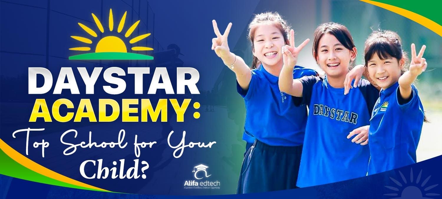 Daystar Academy girls in uniform smiling and giving peace signs outdoors