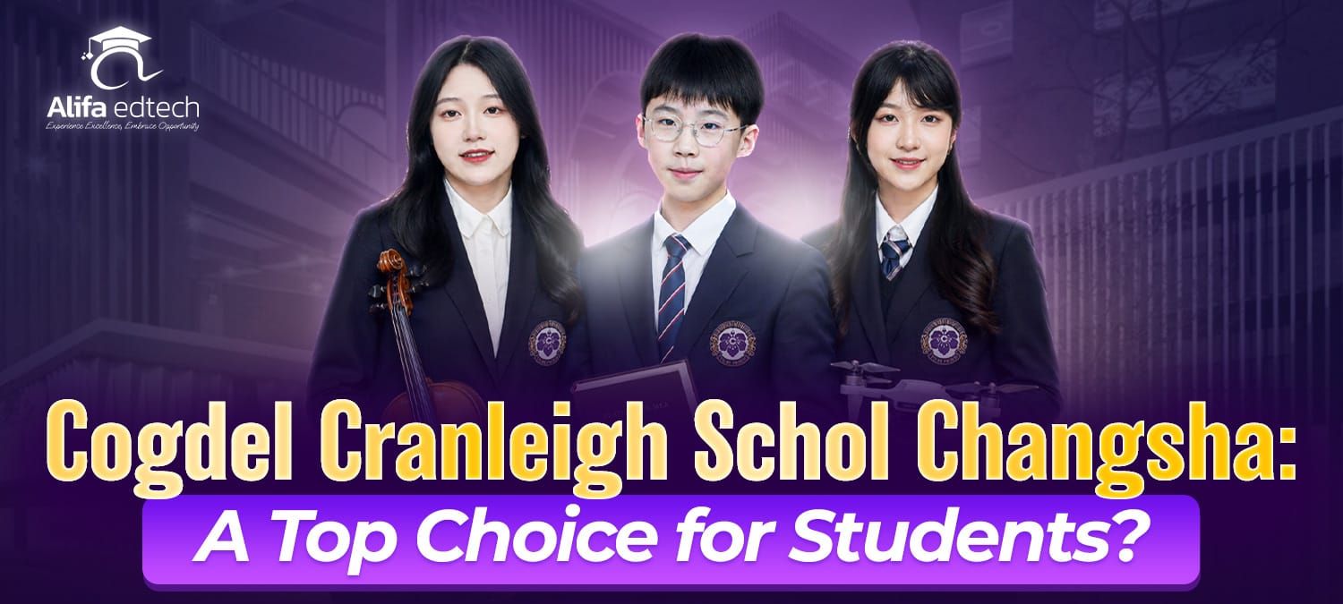 Cogdel Cranleigh School Changsha students in uniform holding violin, book, and drone