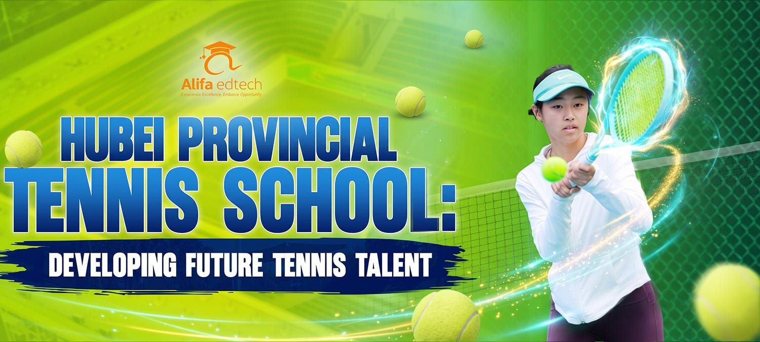 Hubei Provincial Tennis School student mid-swing on a green tennis court