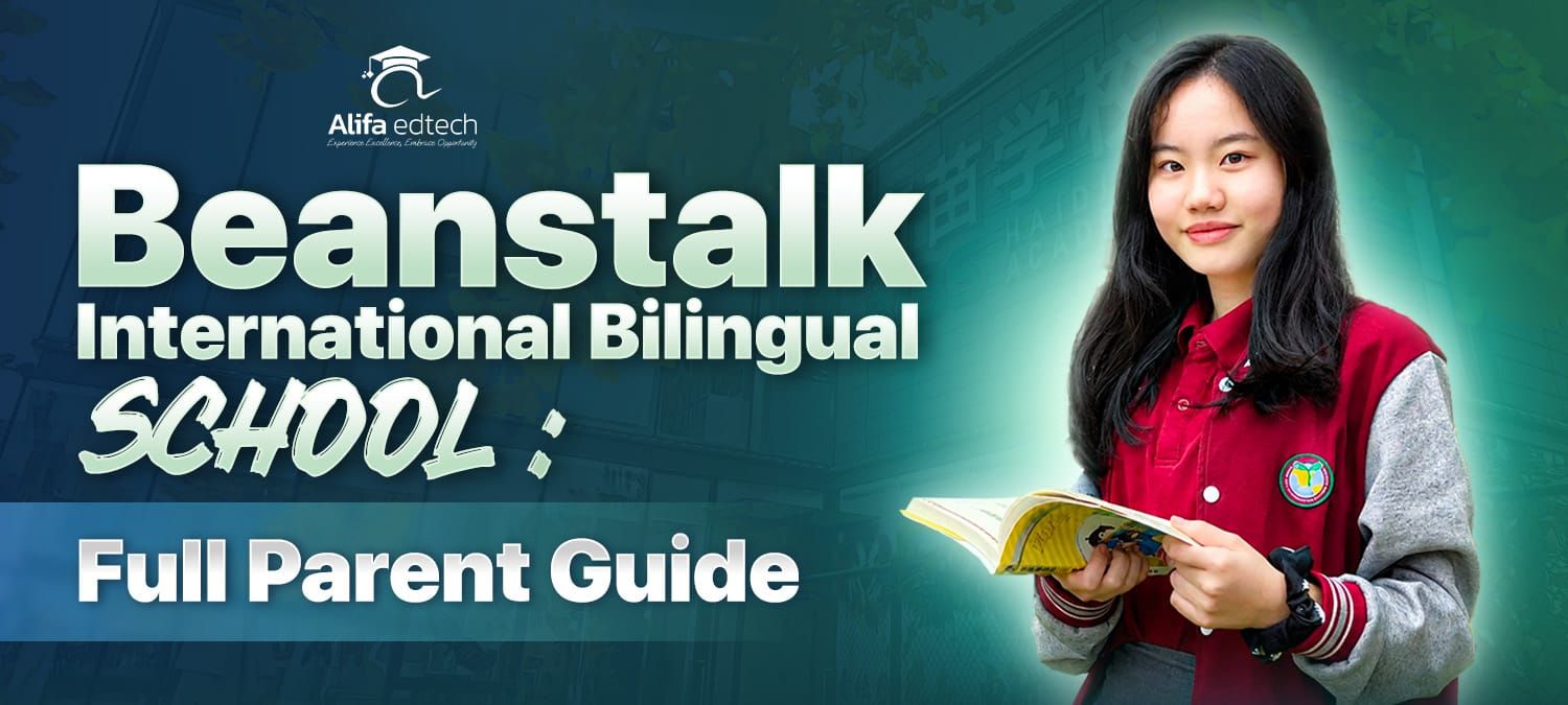 Beanstalk International Bilingual School full parent guide cover with student holding book