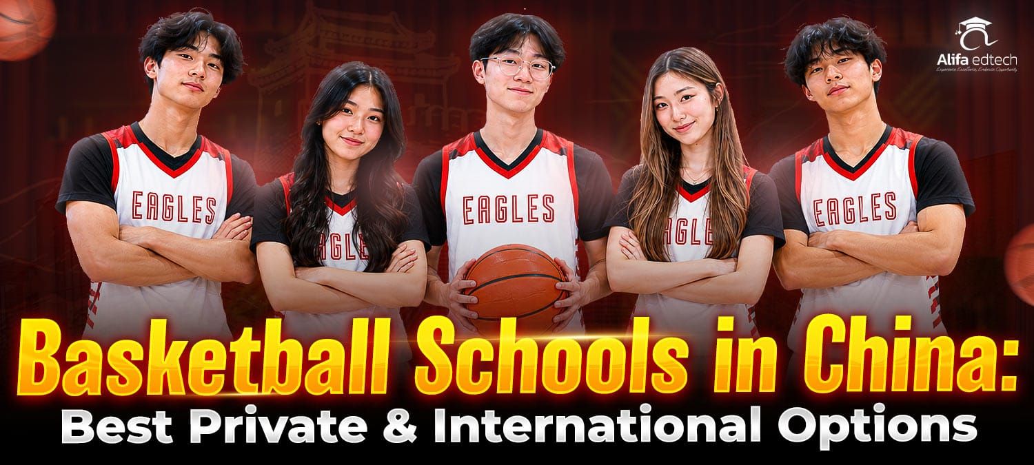 Basketball schools in China students in Eagles uniforms posing with a basketball