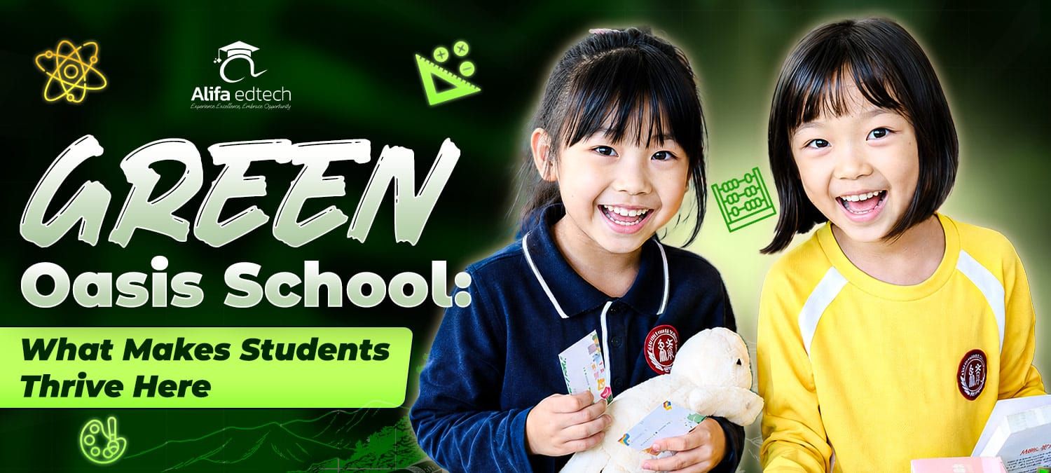 Green Oasis School students smiling joyfully in uniforms, thriving in a nurturing environment