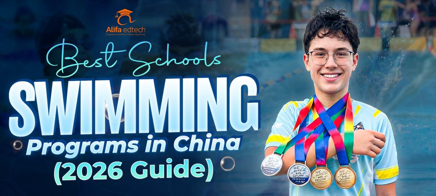 Best school swimming programs in China guide featuring a student swimmer holding medals