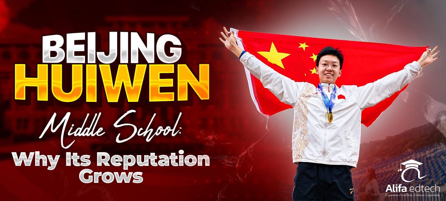 Beijing Huiwen Middle School student athlete celebrating with Chinese flag and gold medals
