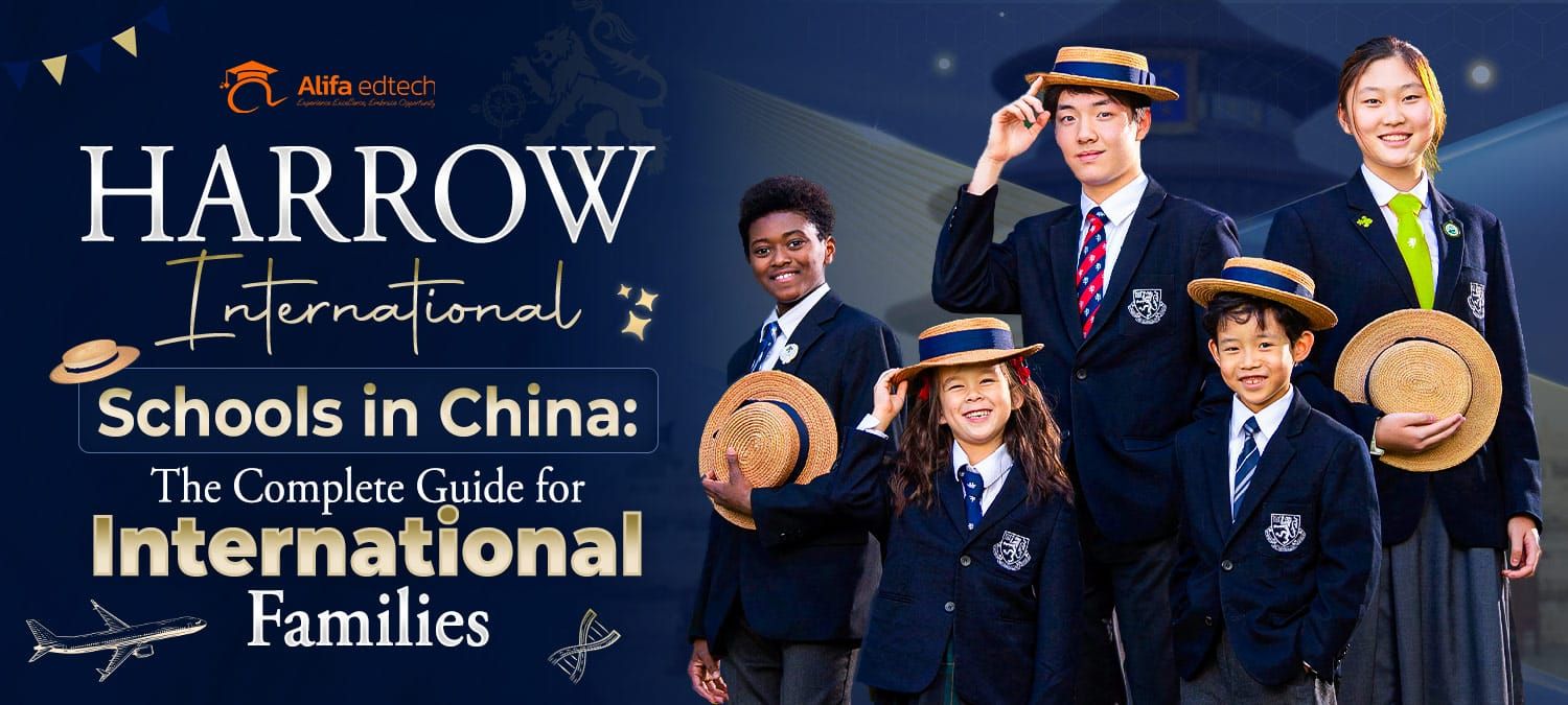 Harrow International Schools in China students in navy blazers and boater hats